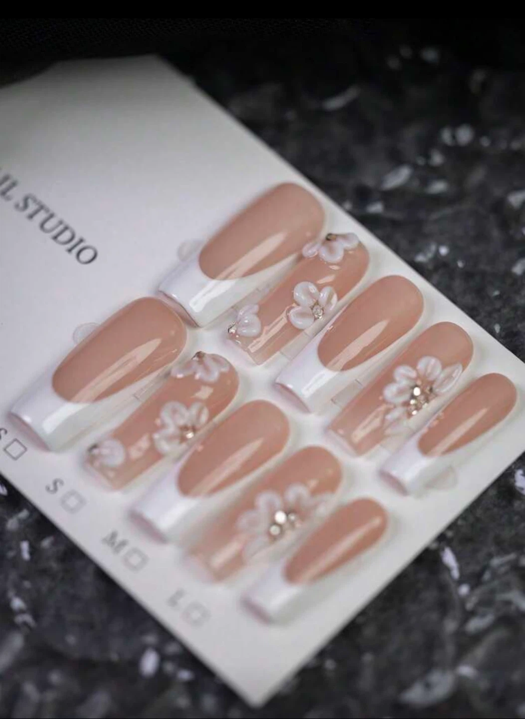 French Tip Press-On Nails with Flower Embellishments