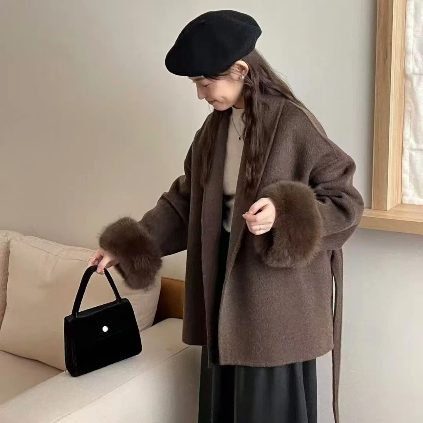 Brown 100% Australian Wool Coat with Fur Cuffs