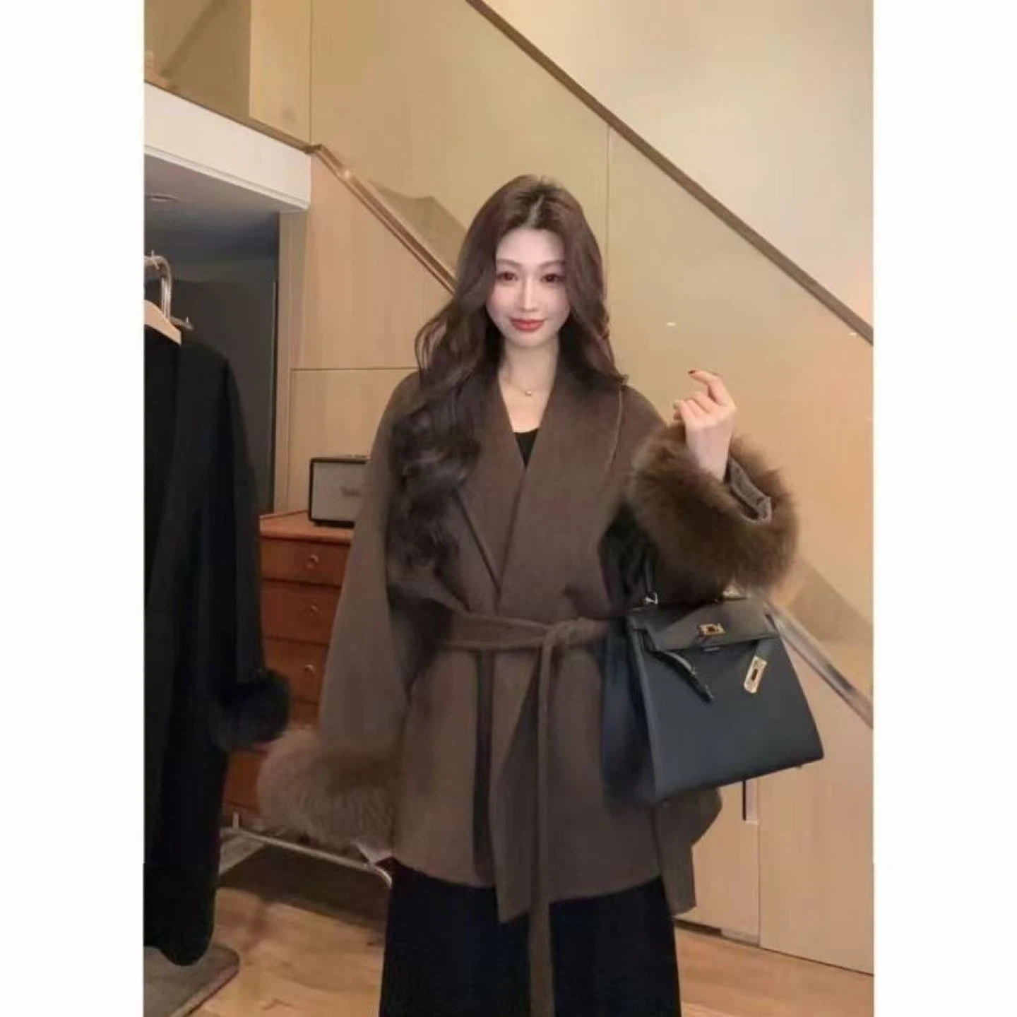 Brown 100% Australian Wool Coat with Fur Cuffs - photo 2