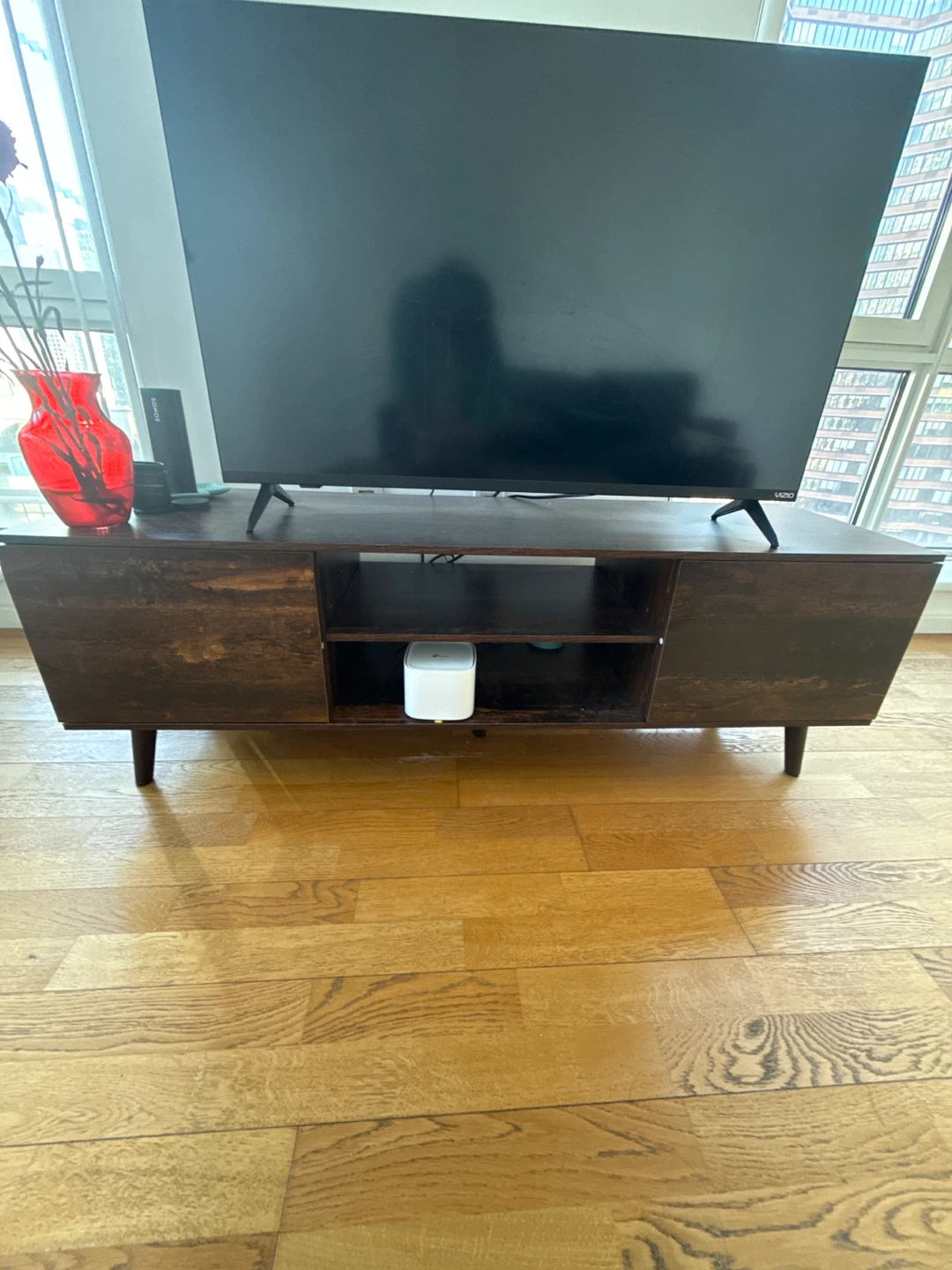 Brown Wood TV Stand with Cabinet Doors - photo 4