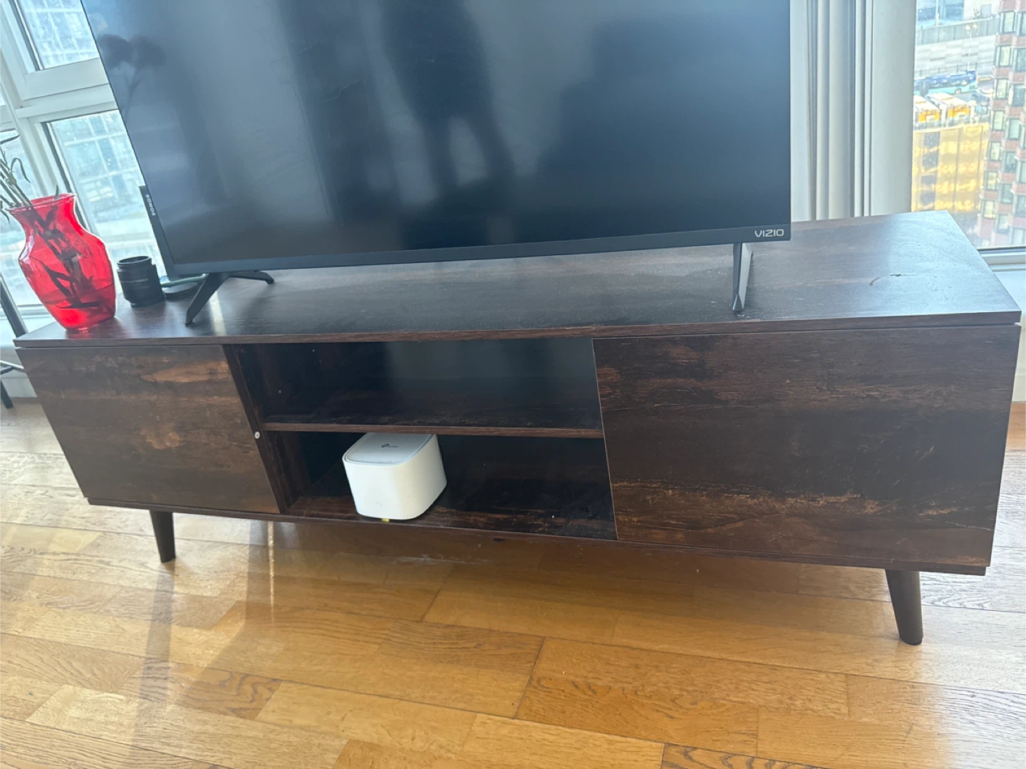 Brown Wood TV Stand with Cabinet Doors
