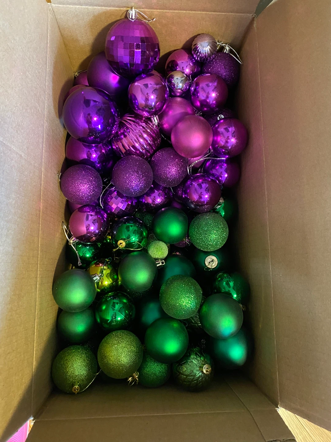 Box of Christmas Ornaments - Purple and Green