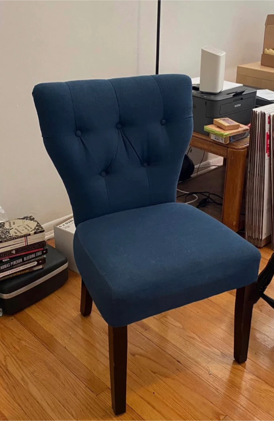 Blue Tufted Chair + White Wooden Chair