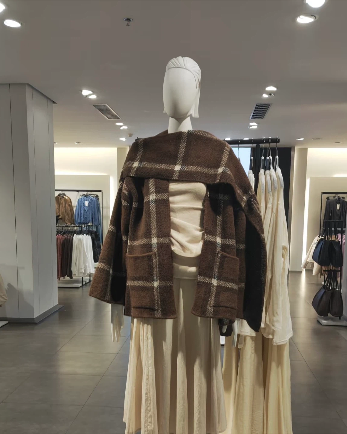 Super Popular Brown Plaid Jacket with Scarf