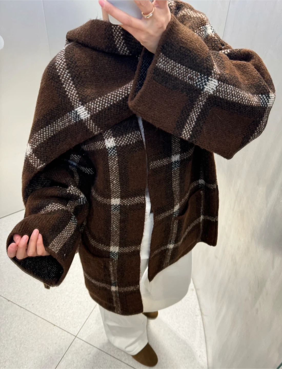 Super Popular Brown Plaid Jacket with Scarf - photo 2