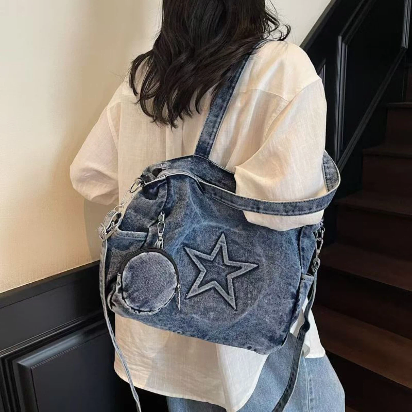 Denim Star Tote Bag with Coin Pouch
