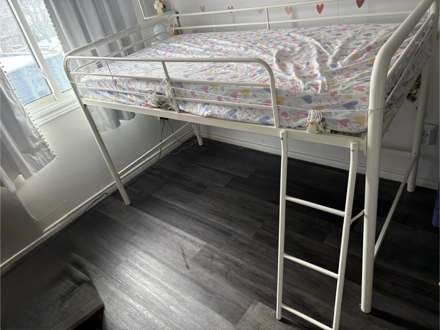 White Loft Bed with Ladder and  Twin Mattress