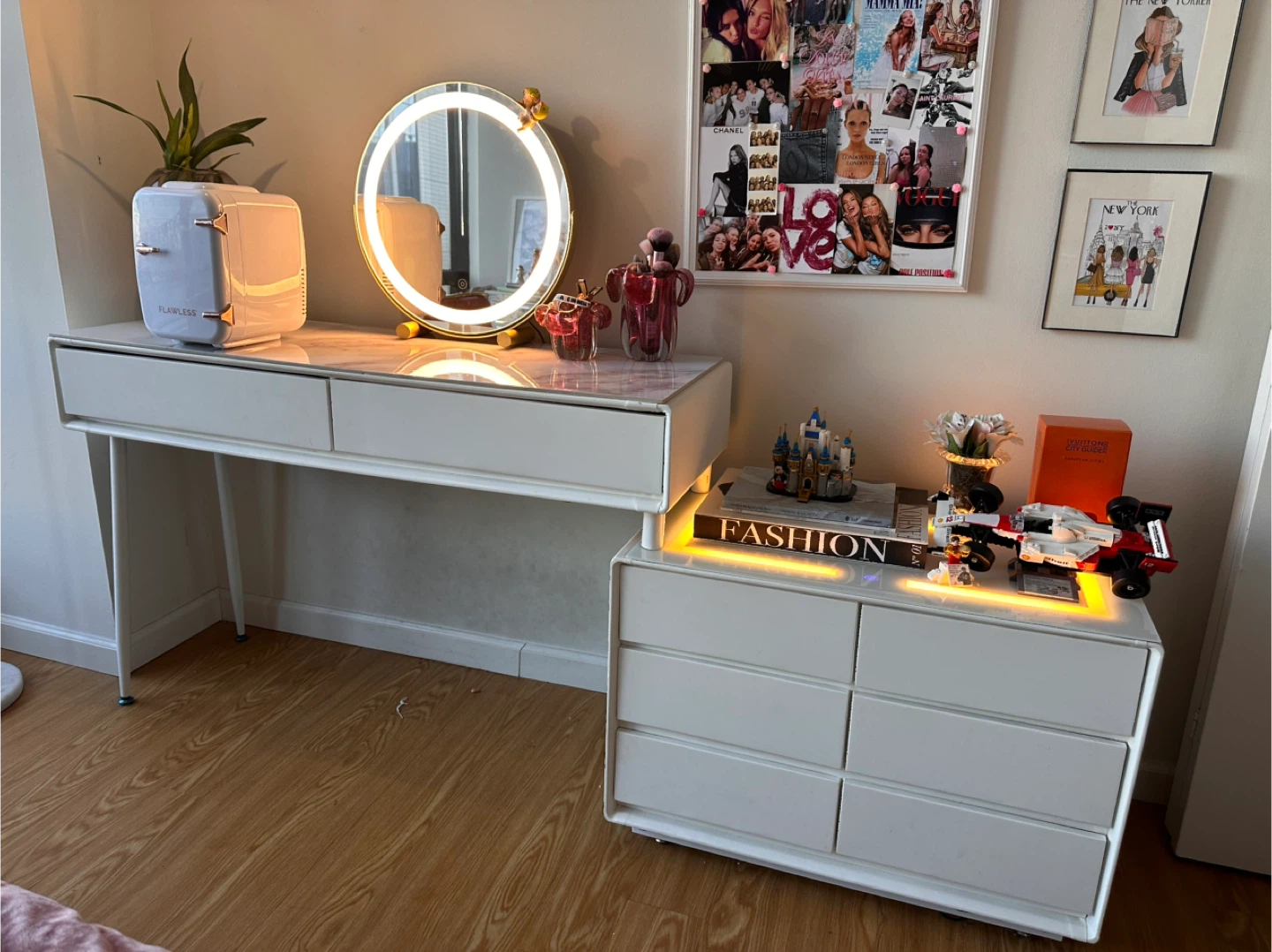 White Makeup Vanity with wireless Bluetooth speaker