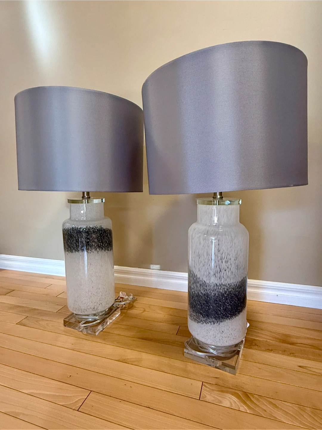 Pair of Grey Lamps with Speckled White and Black Glass Bases