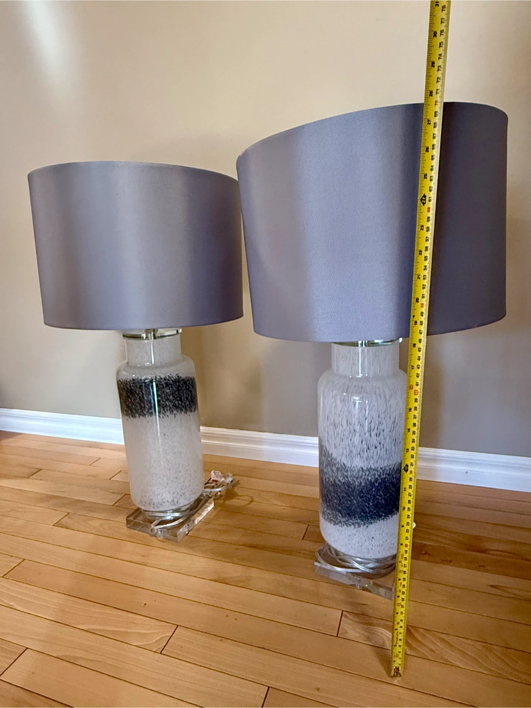 Pair of Grey Lamps with Speckled White and Black Glass Bases - photo 2