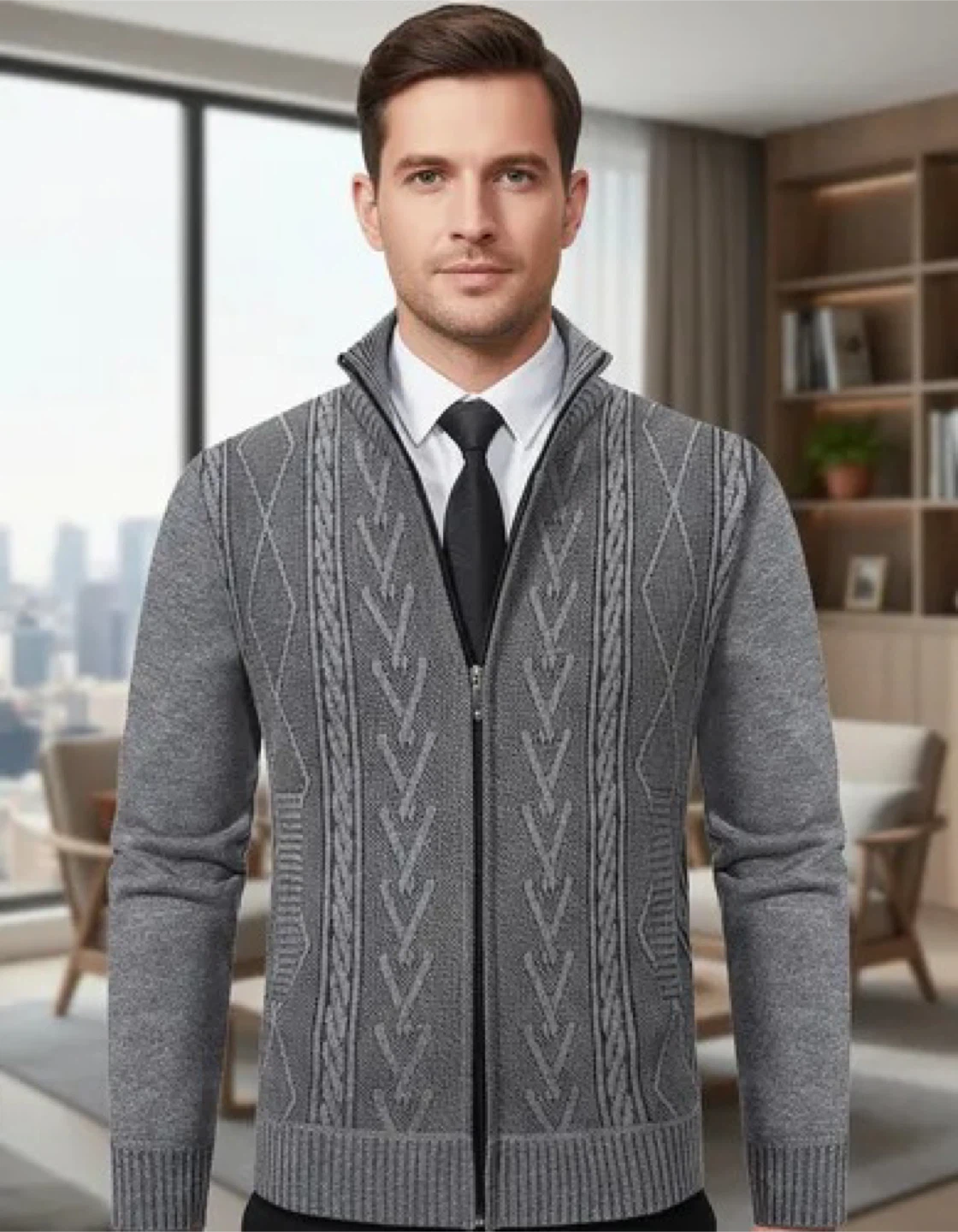 Men's Grey Cable Knit Zip-Up Cardigan-M