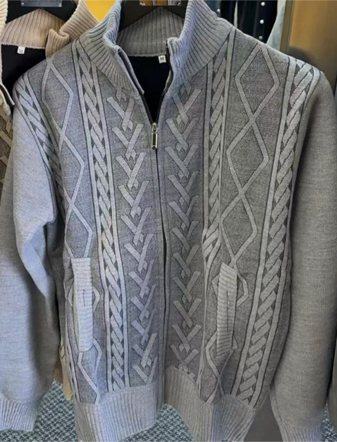Men's Grey Cable Knit Zip-Up Cardigan-M - photo 2
