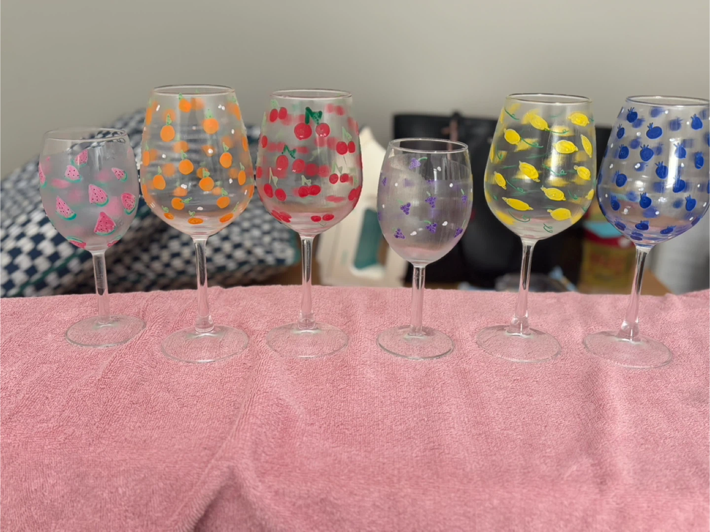 Set of 6 Hand-Painted Fruit Wine Glasses