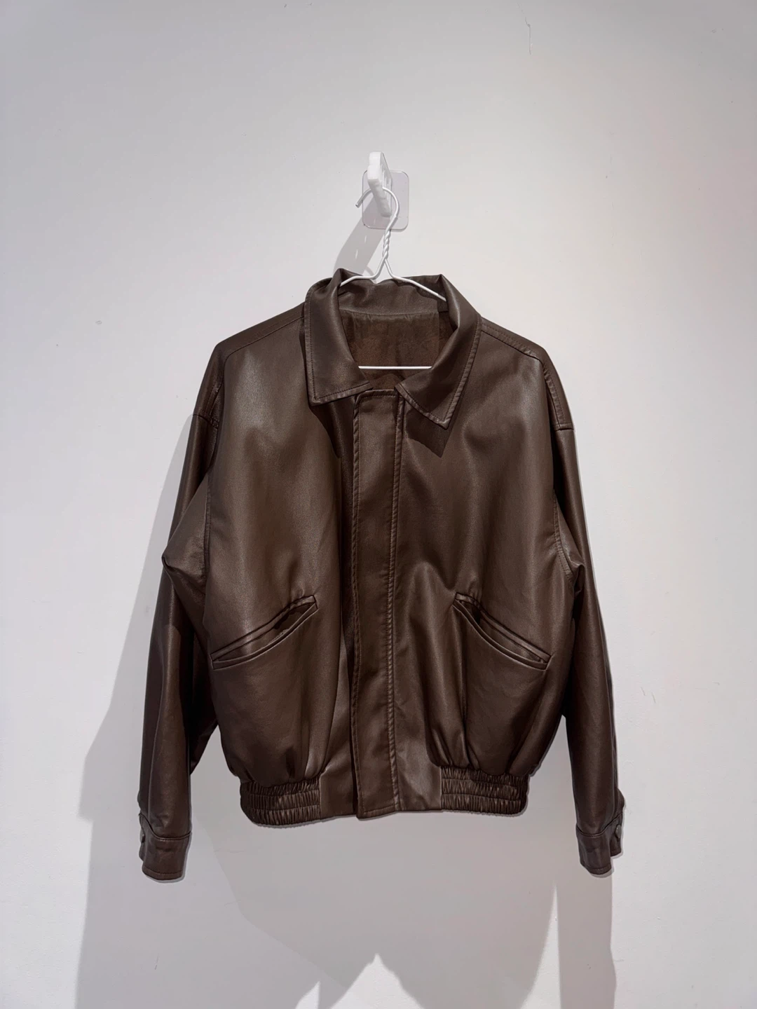 Brown Faux Leather Bomber Jacket