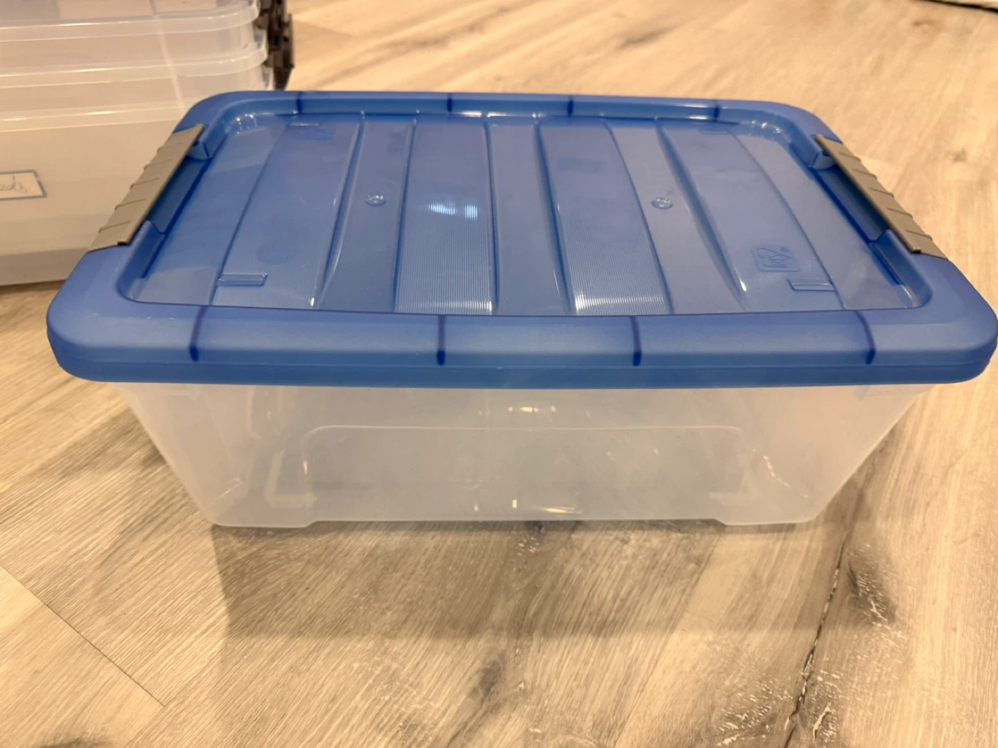 Clear Storage Bin with Blue Lid