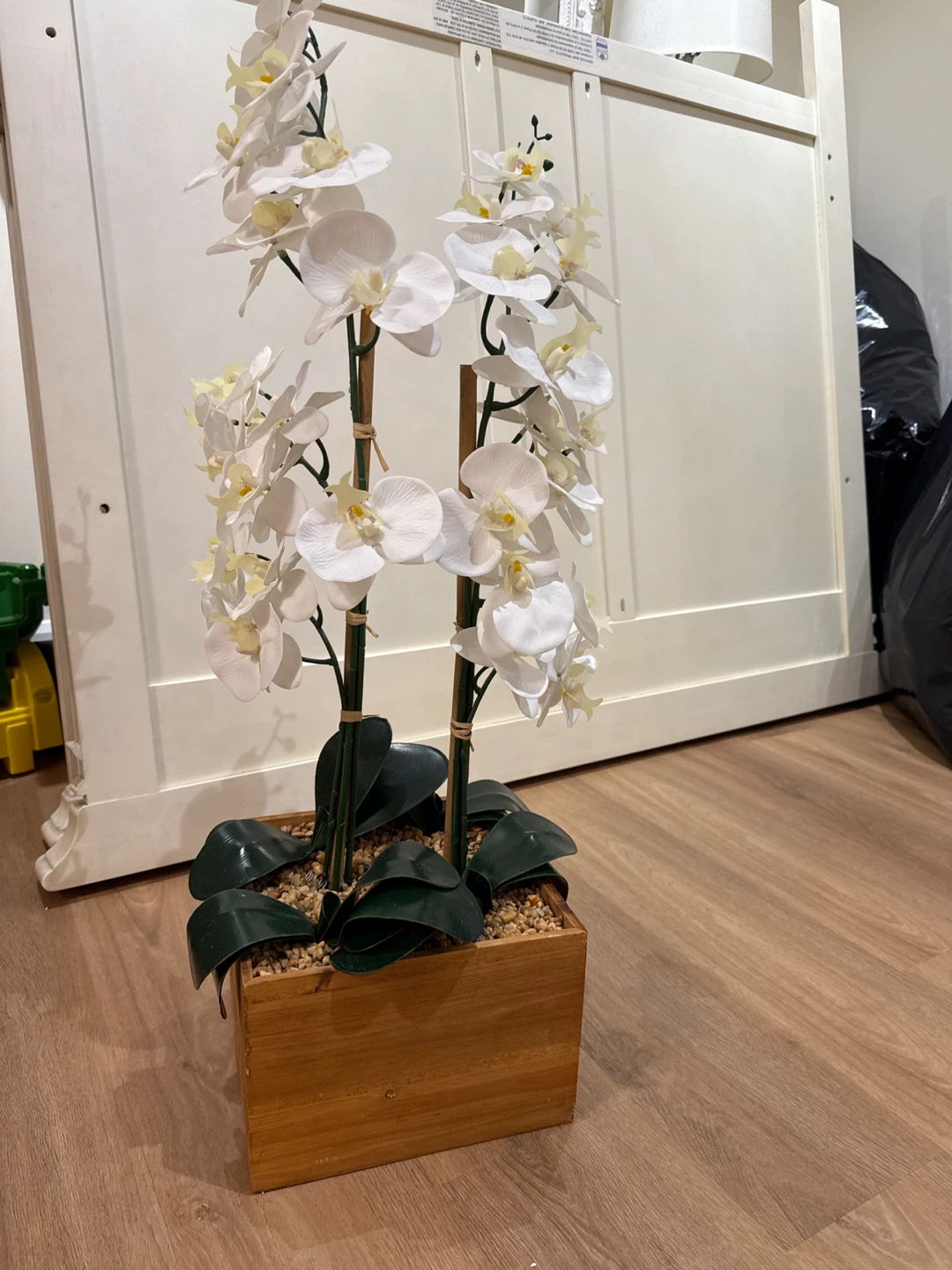 Artificial White Orchid Plant in Wooden Pot