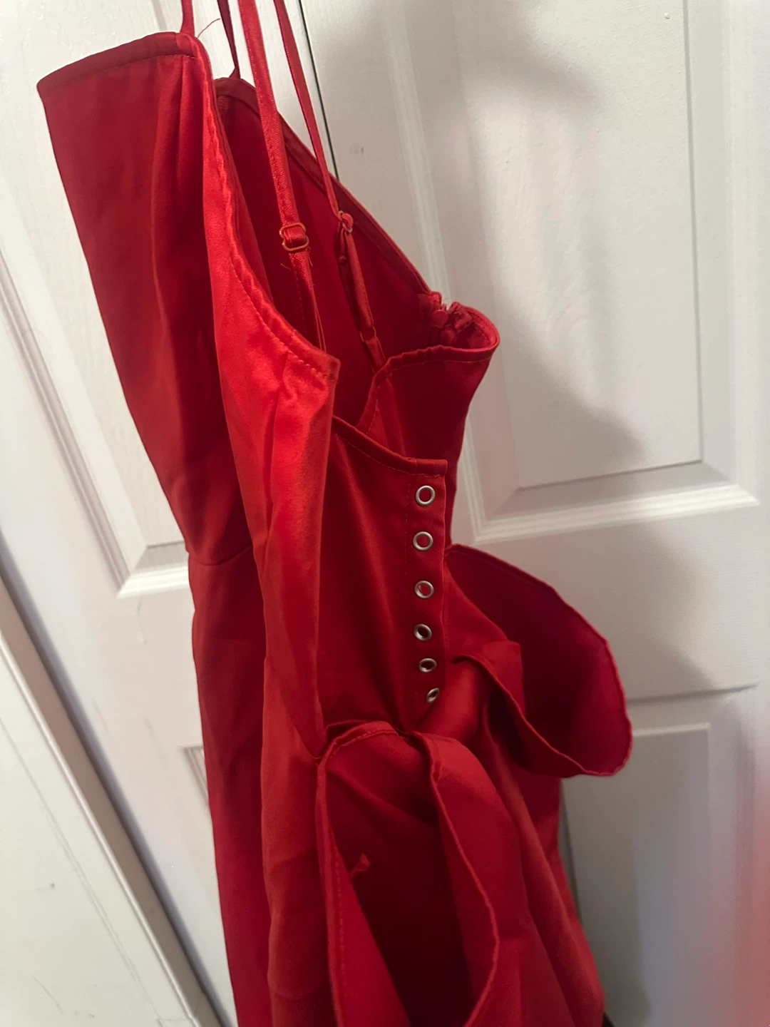 Red Satin Fit and Flare Dress with Bow - photo 2