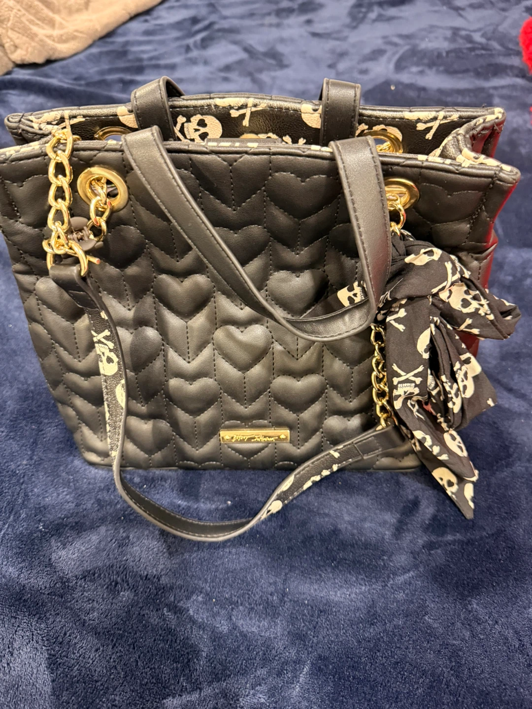 Betsey Johnson Black Quilted Heart Tote Bag with Skull Scarf