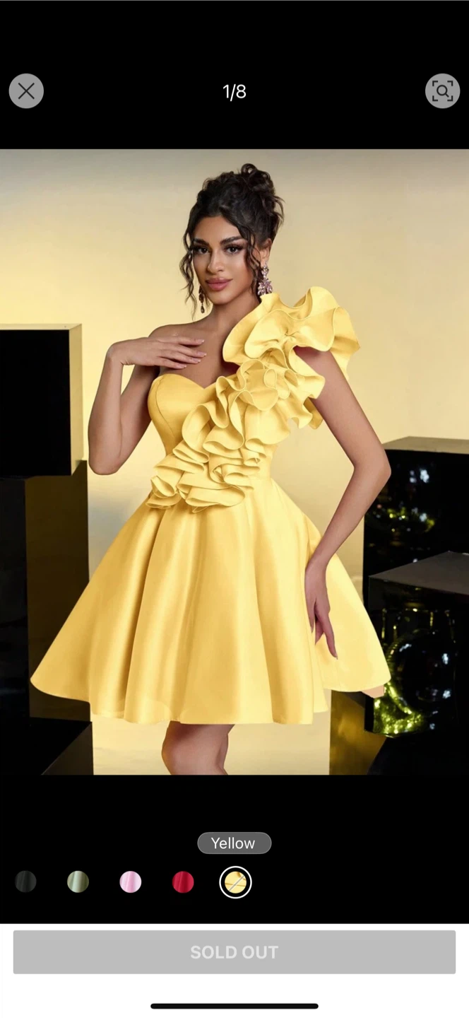 Yellow Ruffle One Shoulder Cocktail Dress