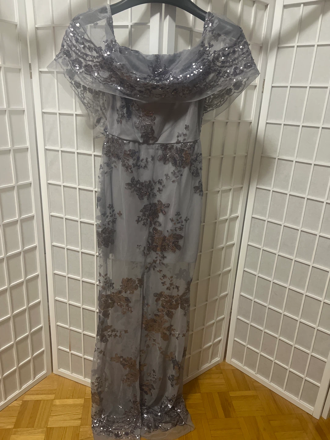Grey Sequin Embellished Off-the-Shoulder Formal Dress