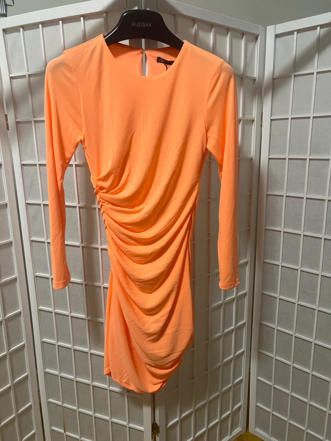 Zara Orange Ruched Long Sleeve Dress