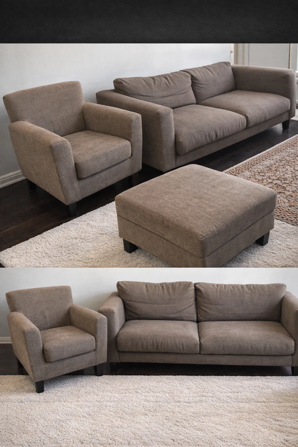 Brown Fabric Sofa, Armchair, and Ottoman Set
