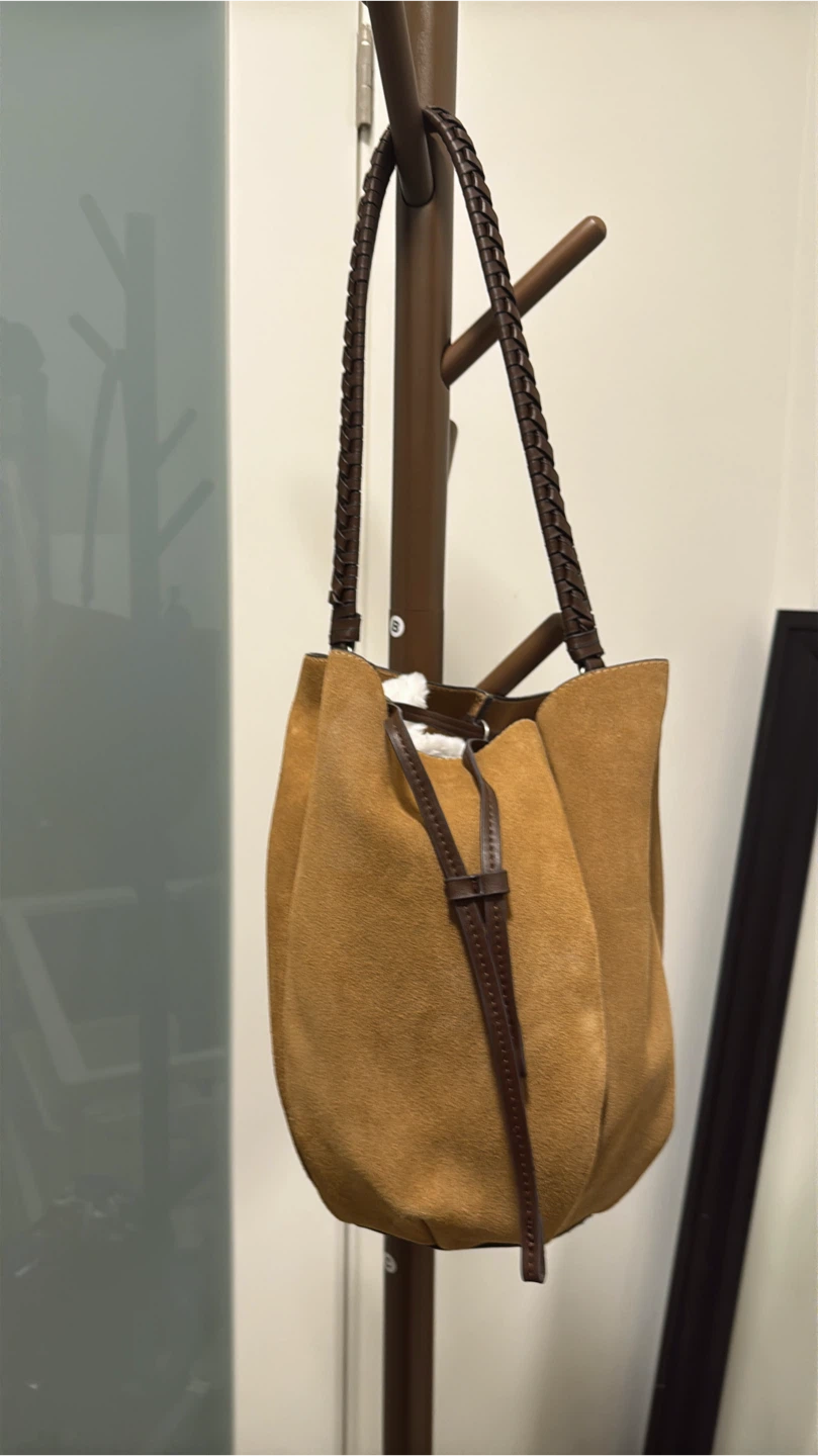 ZARA Brown Suede Bucket Bag with Braided Straps
