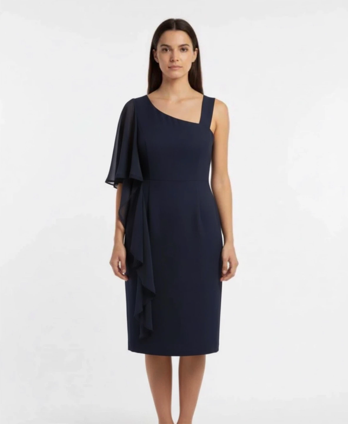 Joseph Ribkoff Navy Blue One-Shoulder Dress with Ruffle Detail