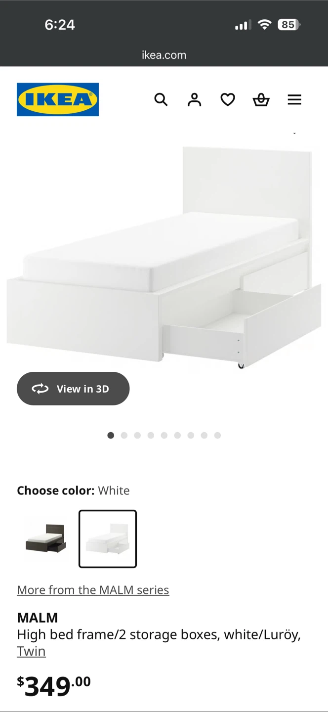 IKEA MALM High Bed Frame with 2 Storage Boxes - Twin - White