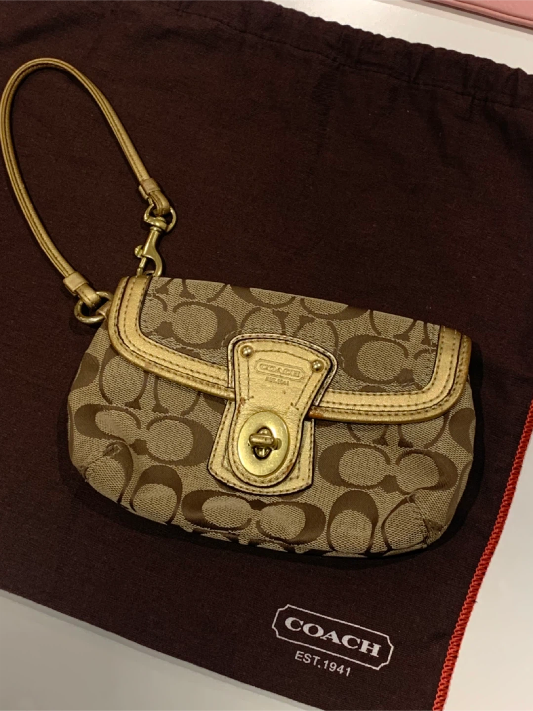 Coach Signature Canvas Wristlet Pouch - Gold Trim