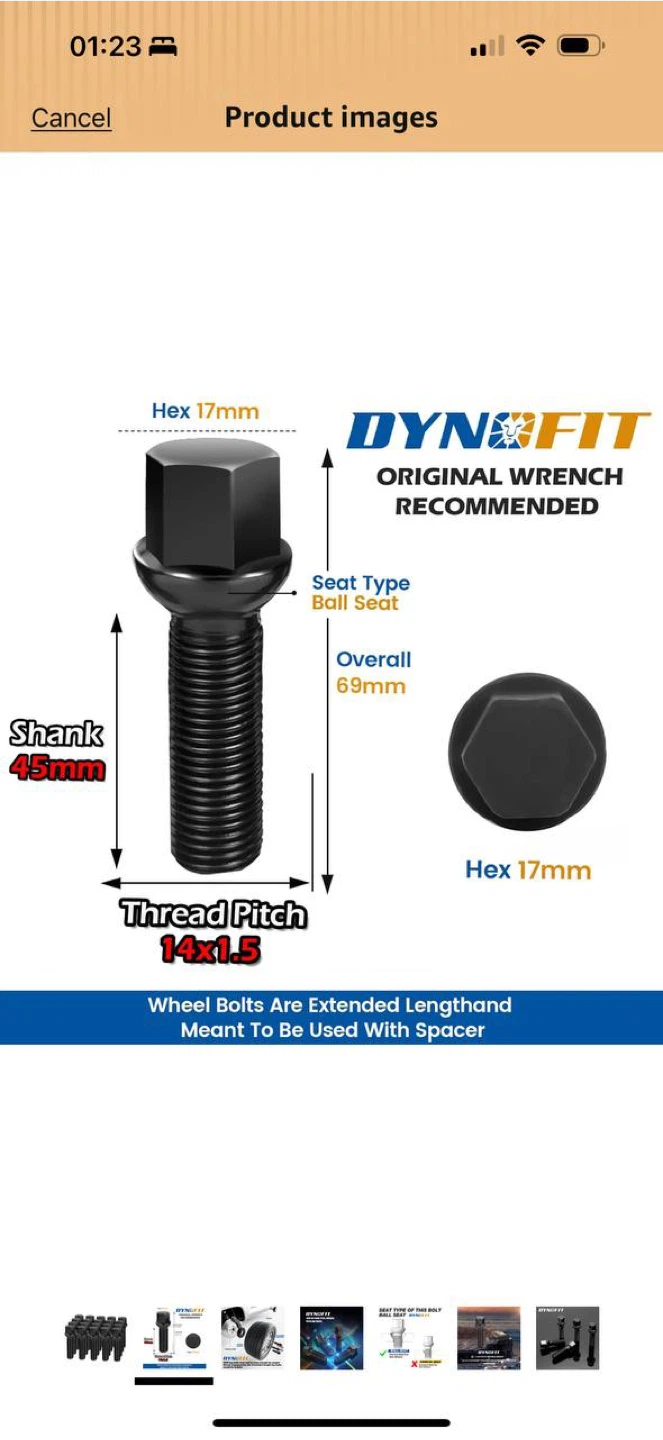DYNOFIT 14x1.5 Extended Wheel Lug Bolts 45mm (Ball Seat) - photo 2