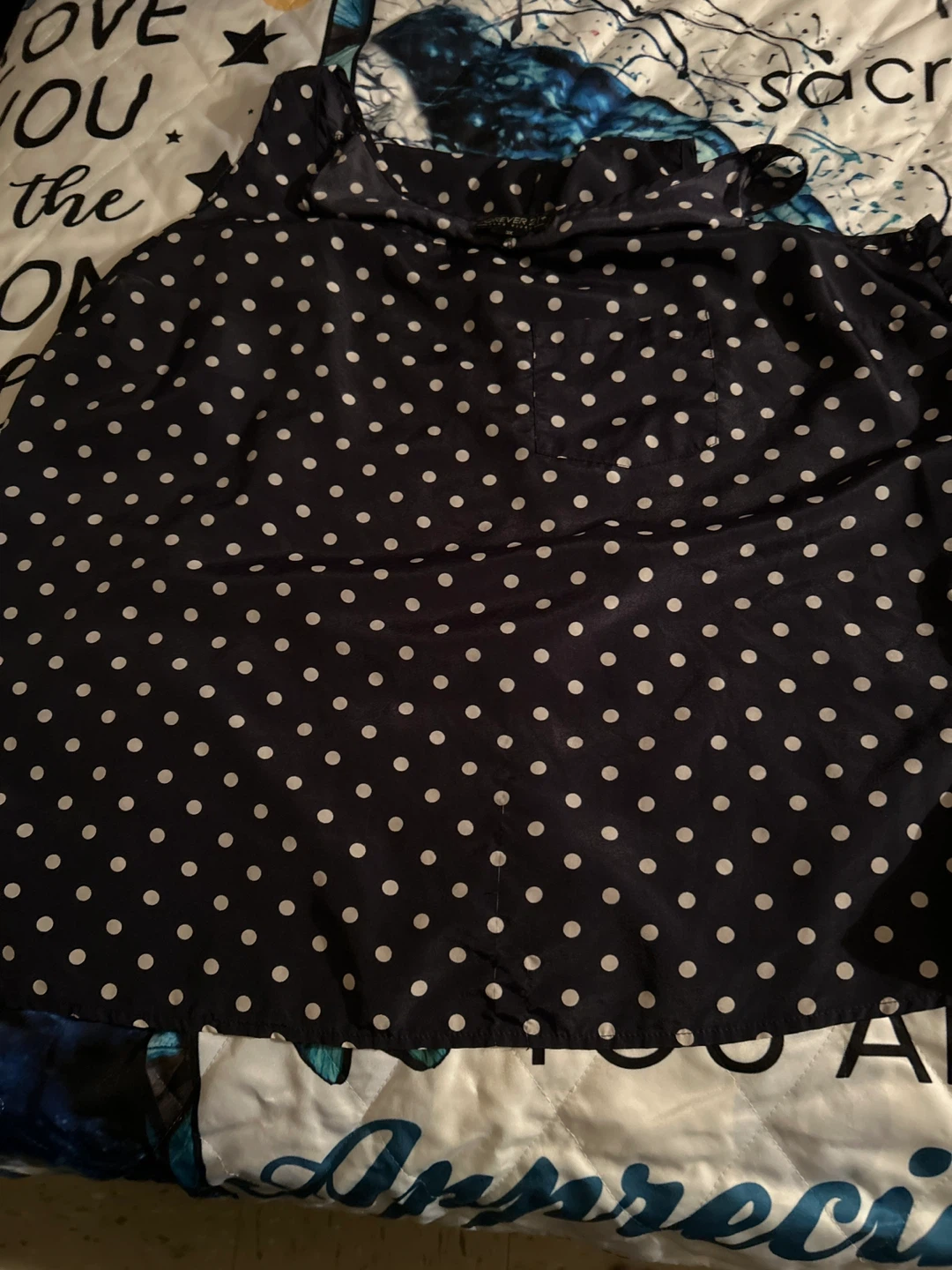 Black Leggings and Navy Polka Dot Blouse