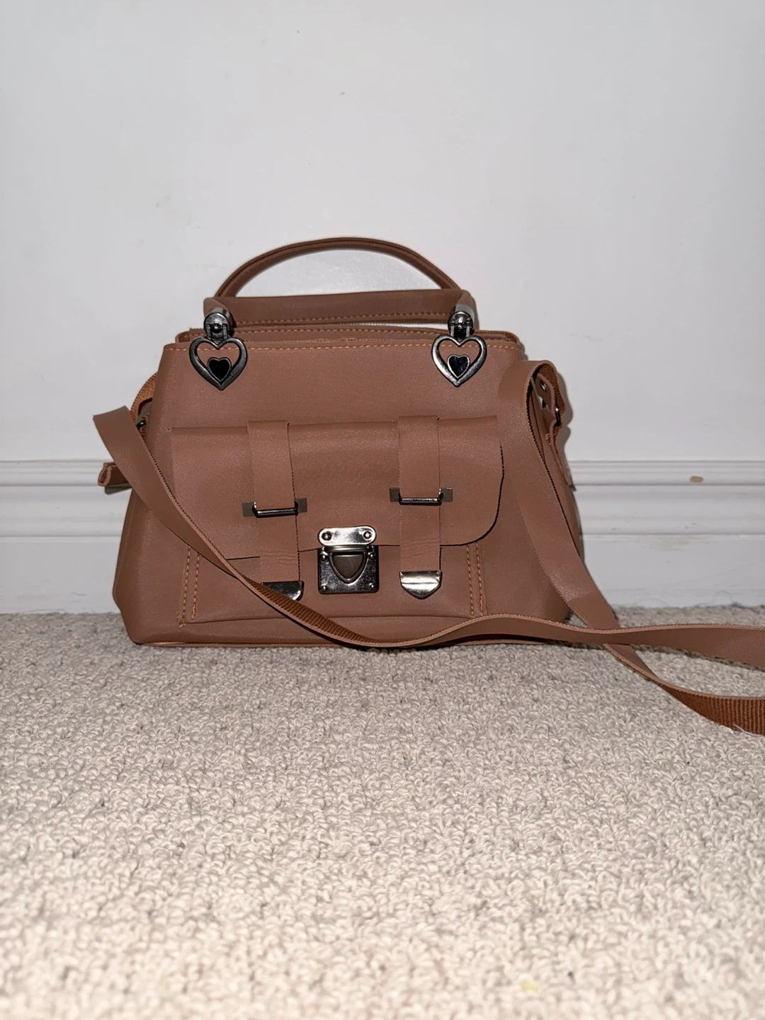 Brown Faux Leather Satchel Handbag with Heart Detail