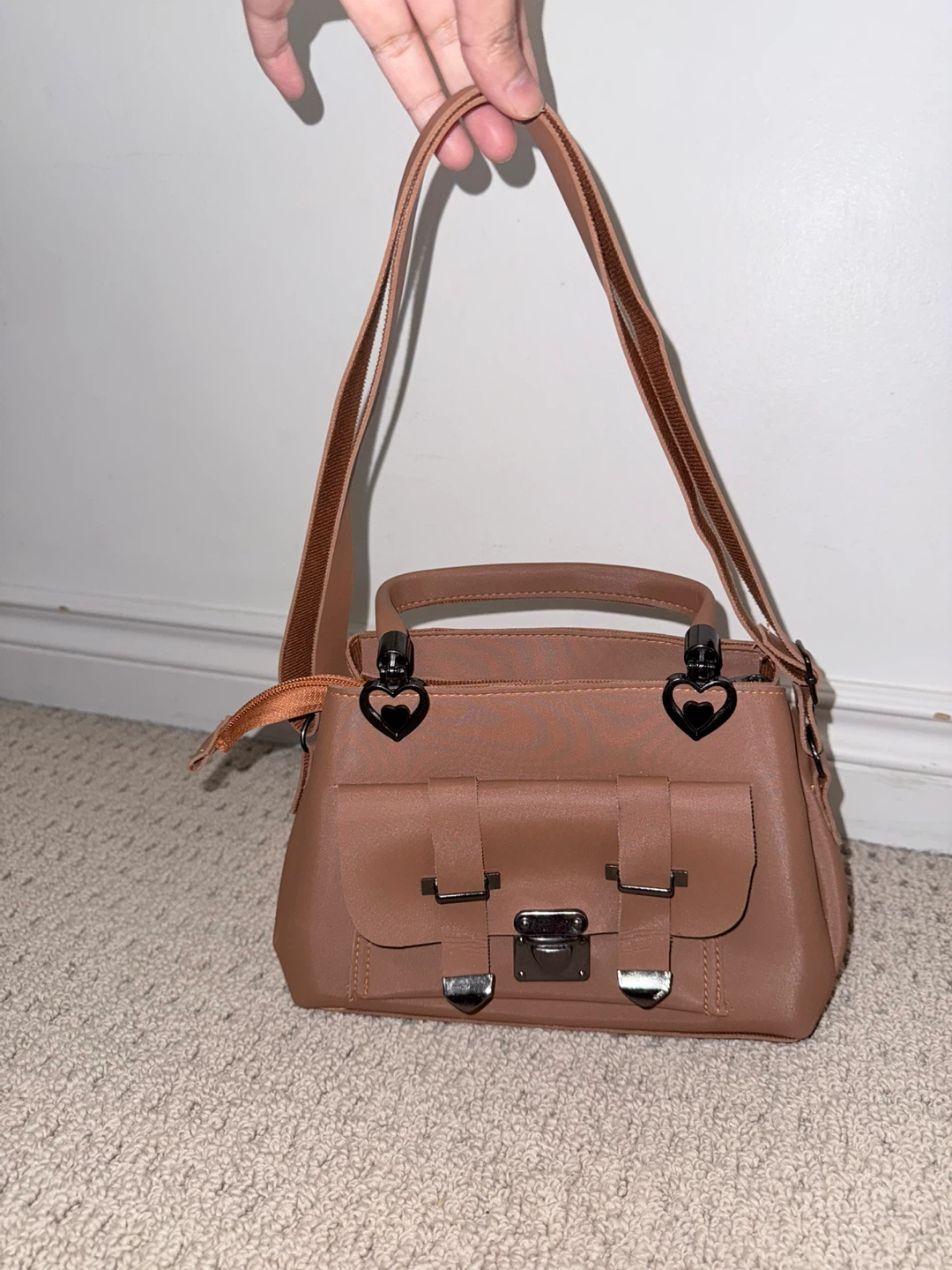 Brown Faux Leather Satchel Handbag with Heart Detail - photo 3