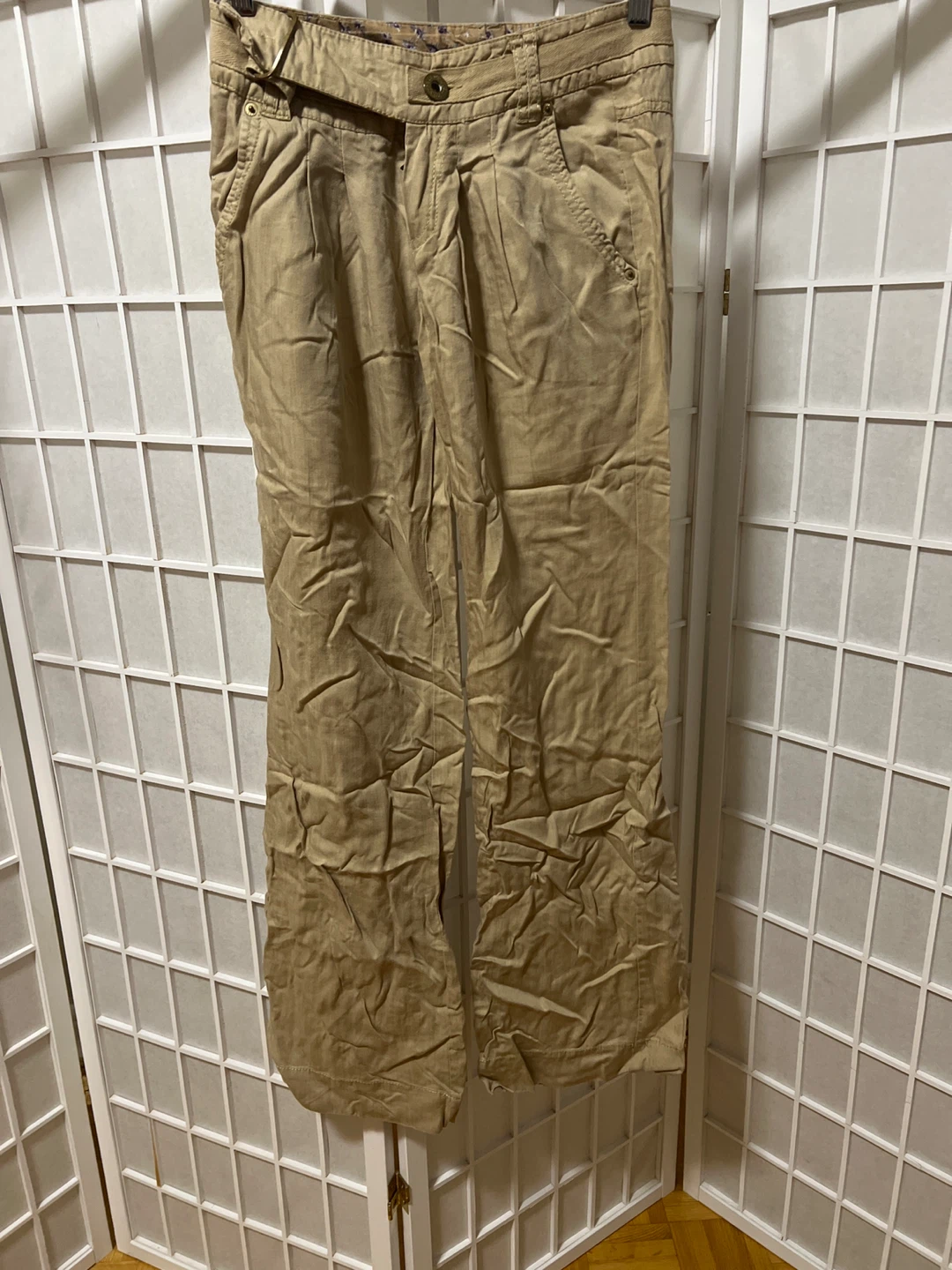 Tan Linen Blend Wide Leg Pants