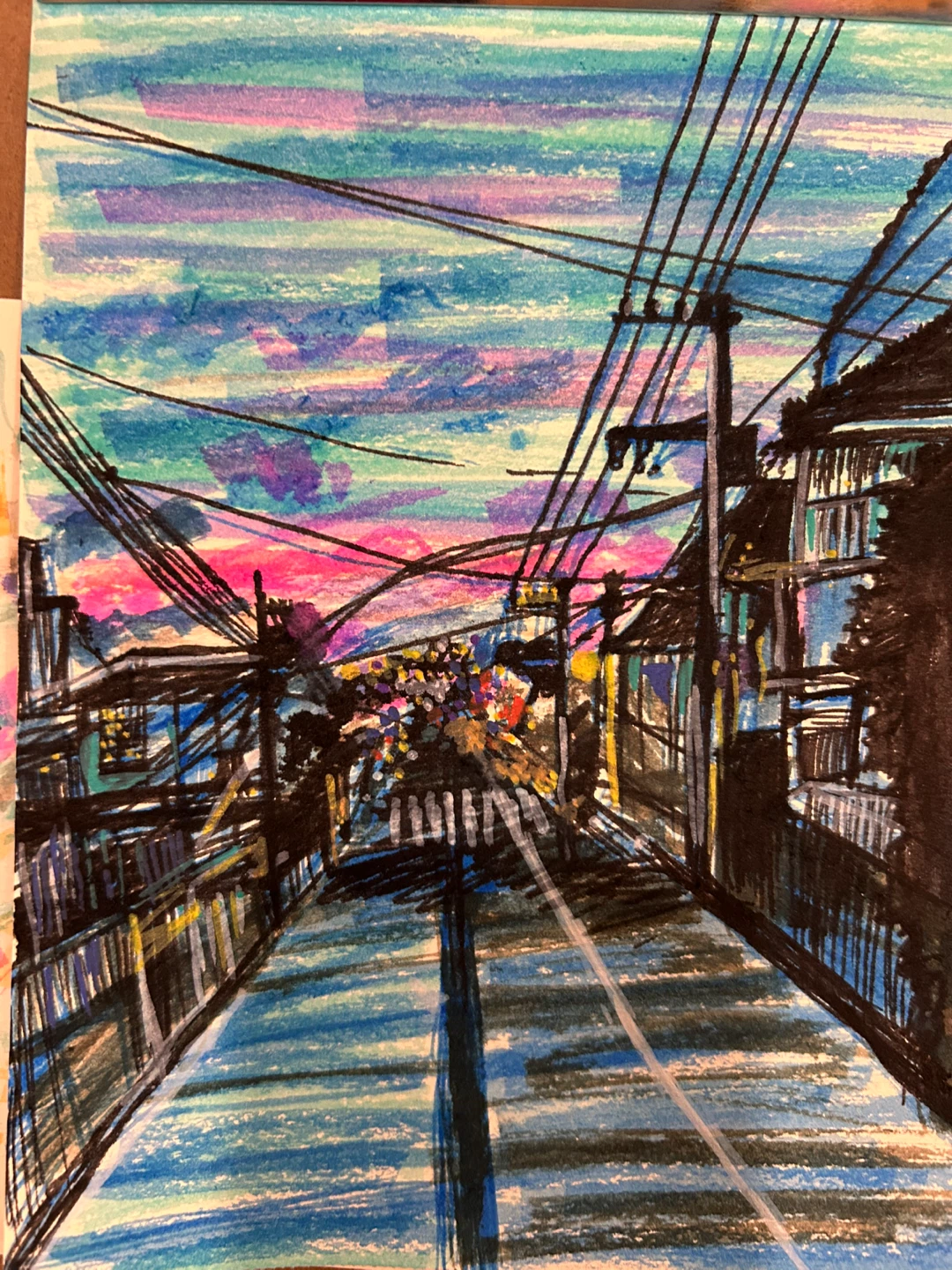 Hand-drawn Art: City Street at Dusk