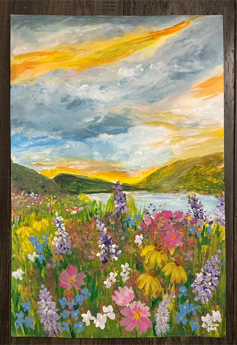 Original Landscape Painting of Wildflowers and Sunset