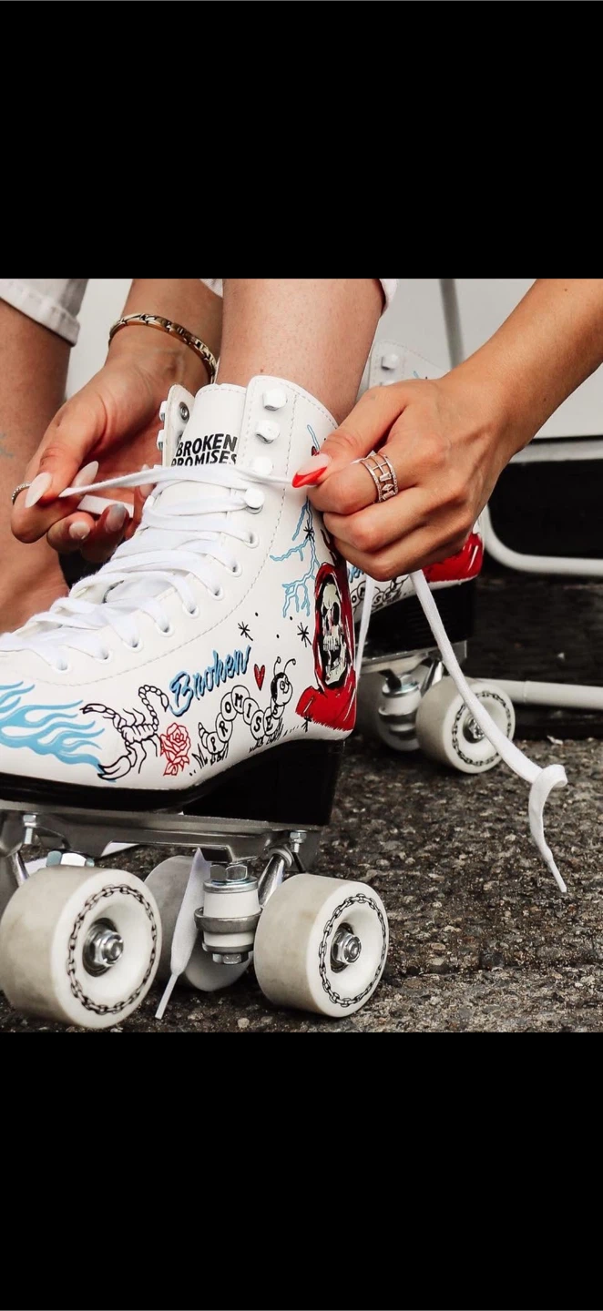 White "Broken Promises" Roller Skates with Tattoo Art