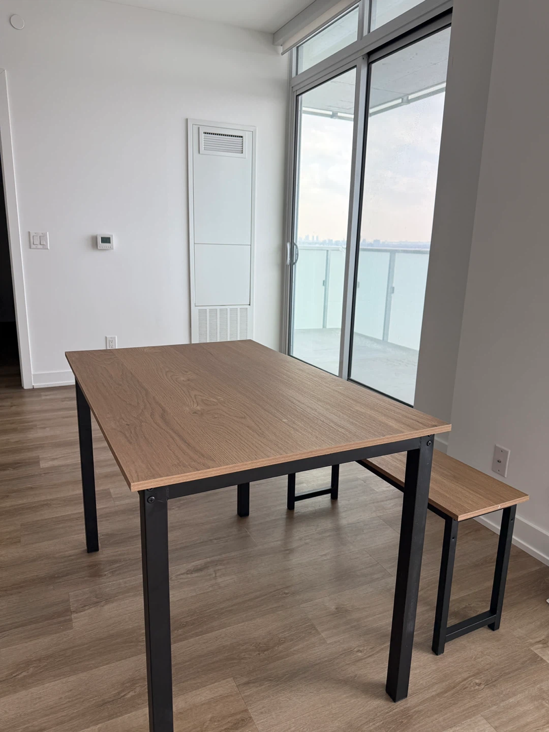 Dining Table Set with 2 Benches - Wood Top & Black Metal Frame