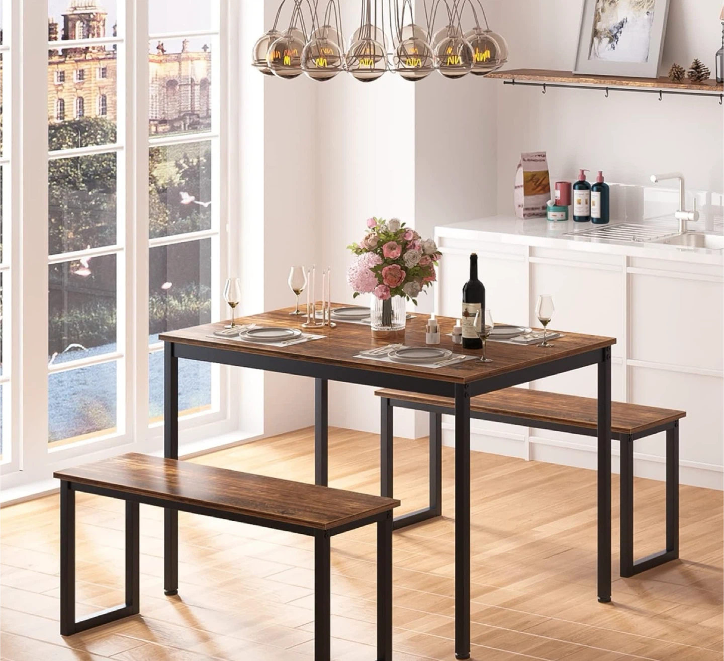 Dining Table Set with 2 Benches - Wood Top & Black Metal Frame - photo 2