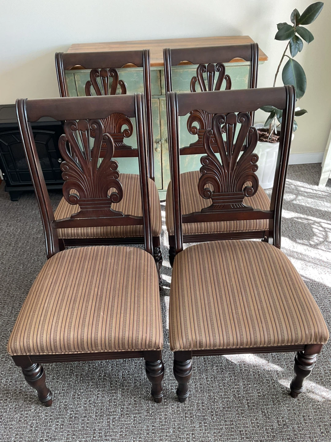 Set of 4 Vintage Dining Chairs with Striped Upholstery