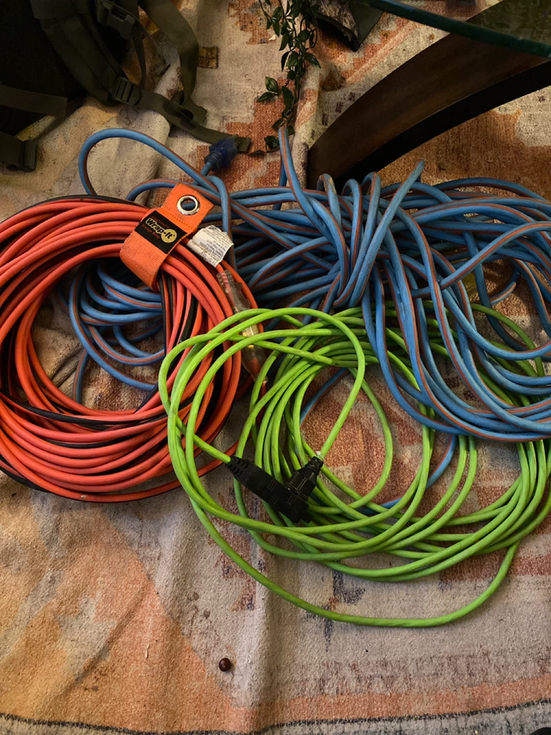 Assorted Extension Cords - Orange, Blue, and Green