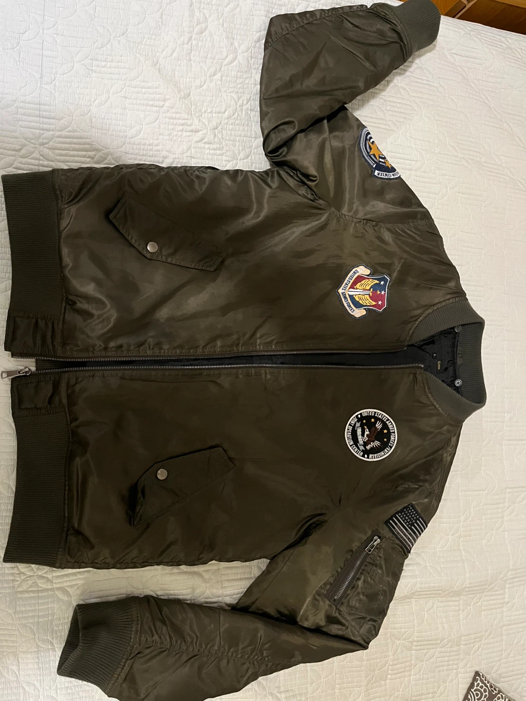 Military Style Bomber Jacket with Embroidered Patches - Khaki