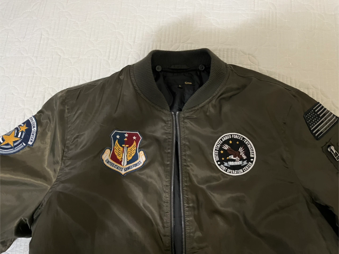Military Style Bomber Jacket with Embroidered Patches - Khaki - photo 2
