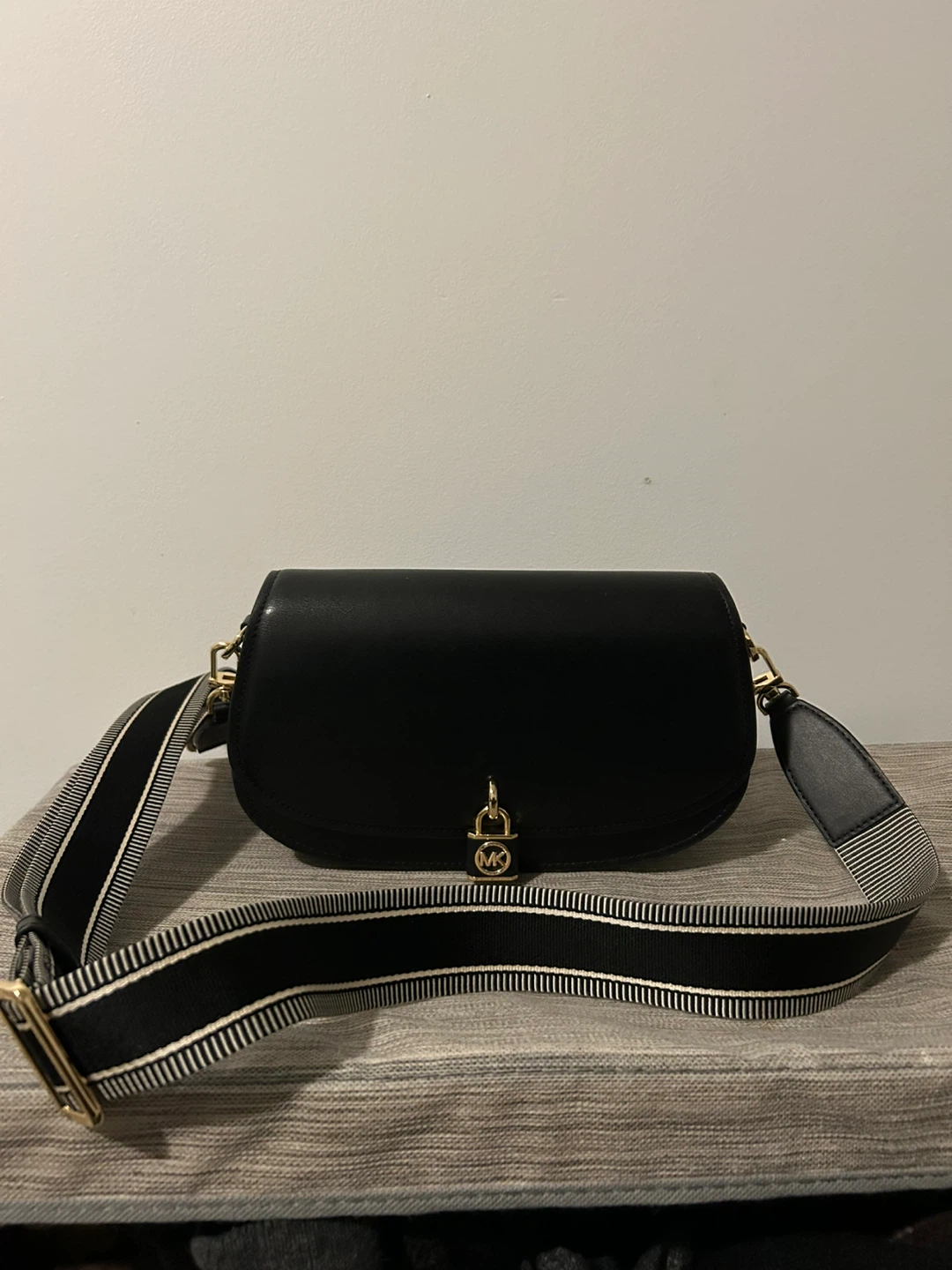 Michael Kors Black Leather Saddle Bag with Striped Strap