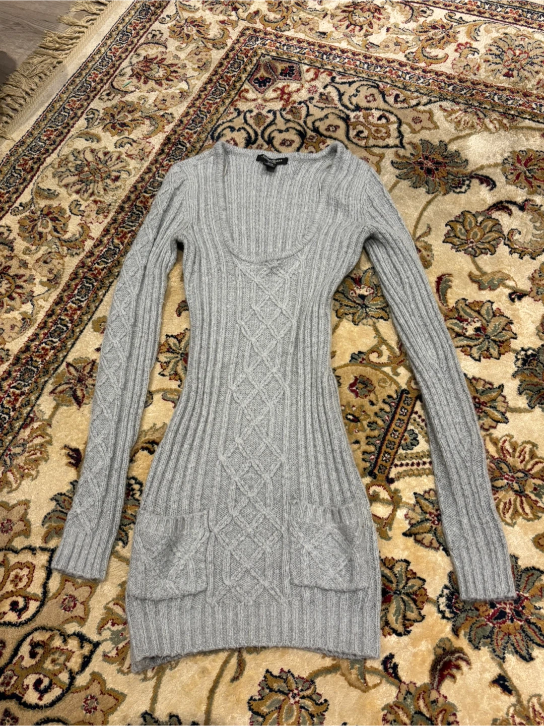 Grey Cable Knit Sweater Dress with Pockets