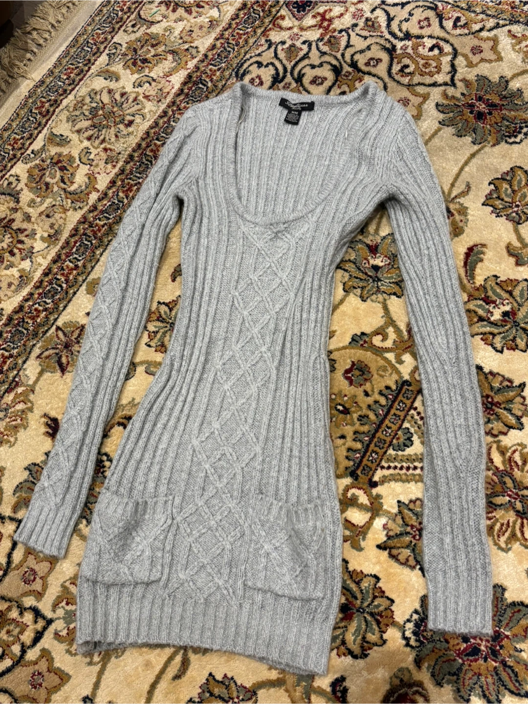 Grey Cable Knit Sweater Dress with Pockets - photo 2