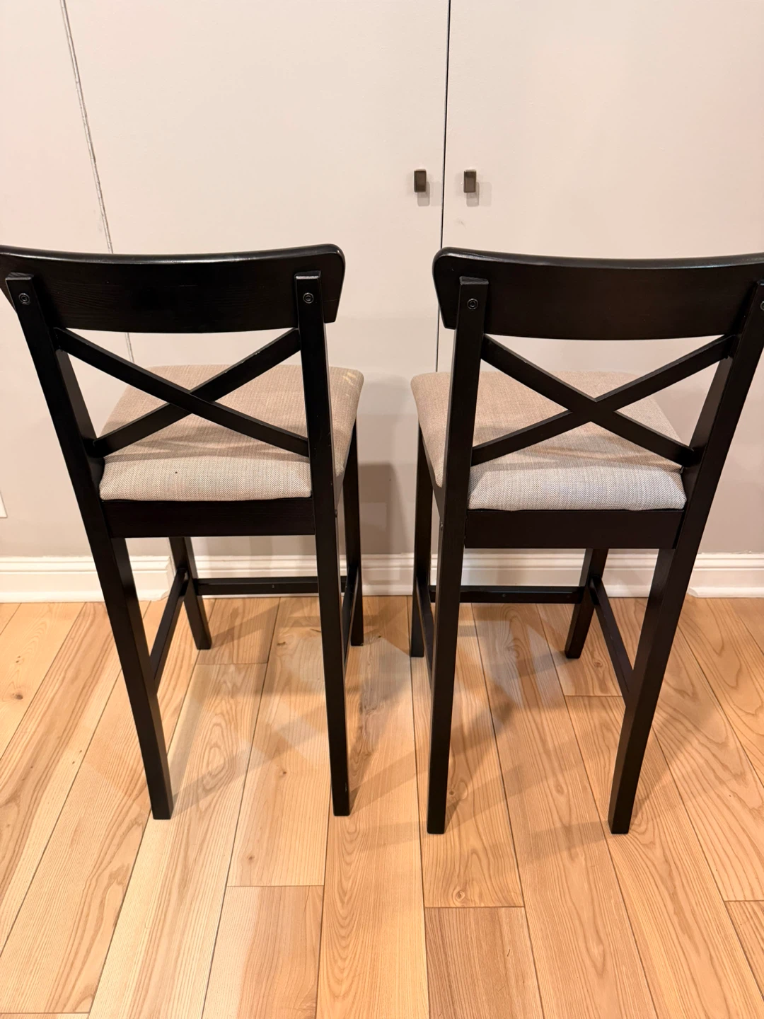 Set of 2 Black Counter Height Stools with Beige Fabric Seats - photo 3