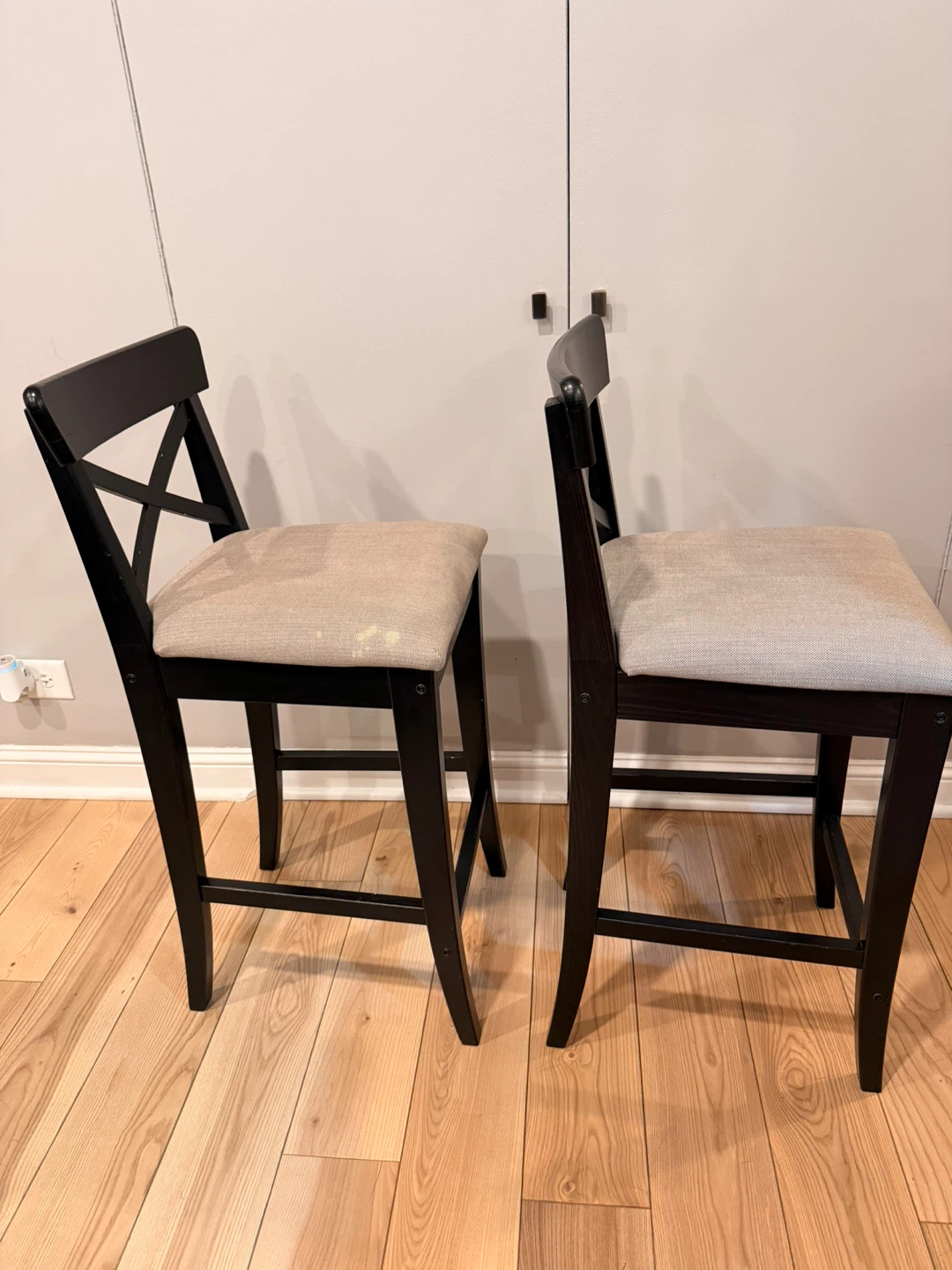 Set of 2 Black Counter Height Stools with Beige Fabric Seats - photo 2