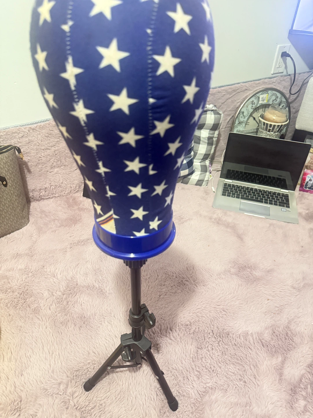 Adjustable Wig Head Stand with Star Pattern Canvas